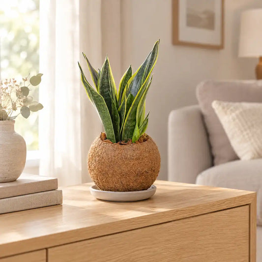 Sansevieria Superba Kokedama in Kokosfaser-Kugel auf einem Sideboard im hellen Wohnzimmer