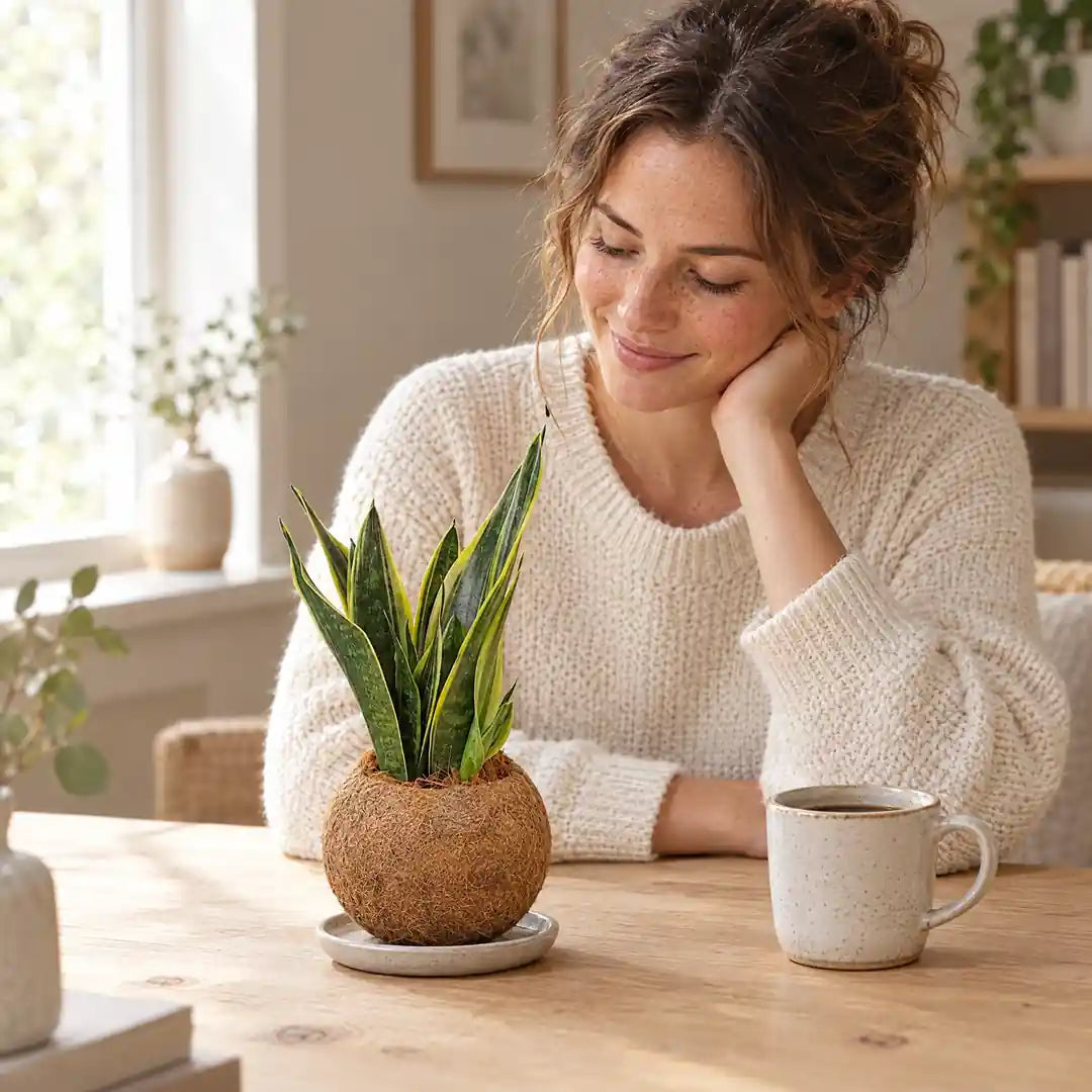 Frau betrachtet die Sansevieria Superba Kokedama auf dem Holztisch am Fenster