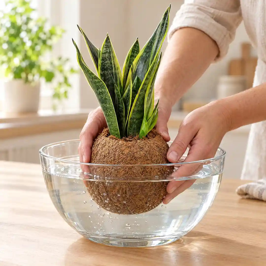 Hände tauchen die Kokosfaser-Kugel der Sansevieria Kokedama in eine Schüssel mit Wasser
