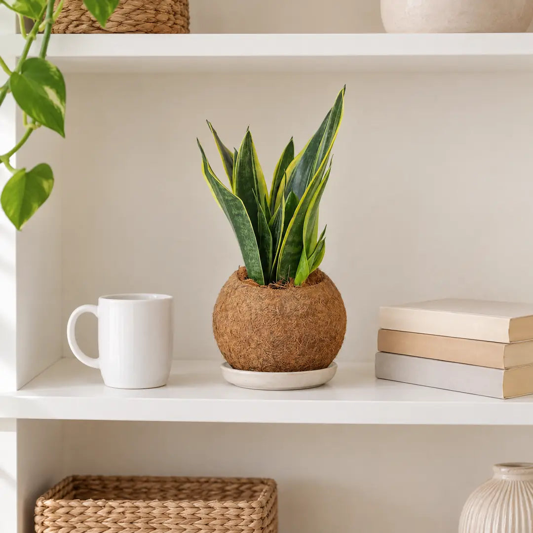 Sansevieria Superba Kokedama im Regal neben Kaffeetasse und Büchern als Größenvergleich