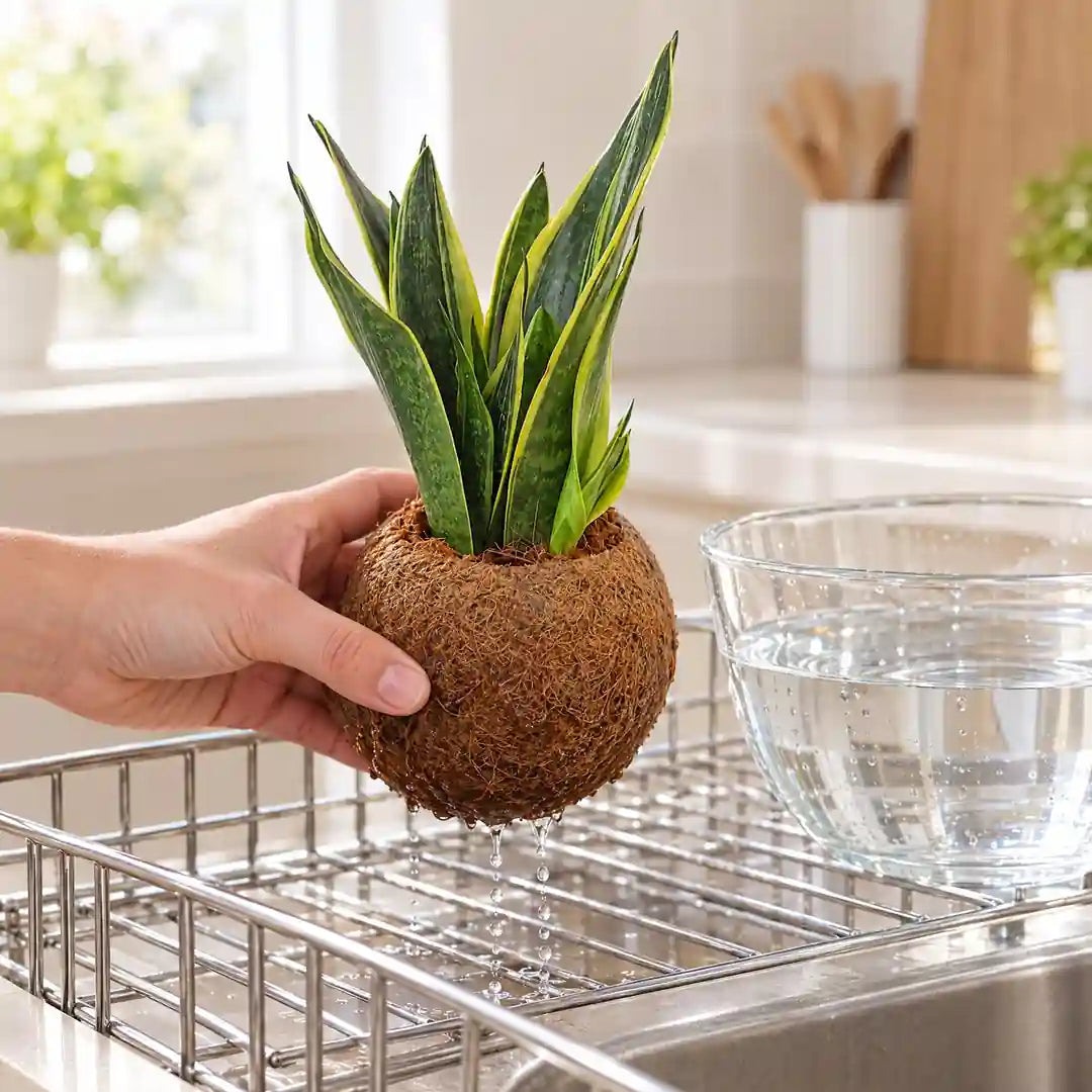 Kokosfaser-Kugel der Sansevieria Kokedama tropft nach dem Tauchbad ab