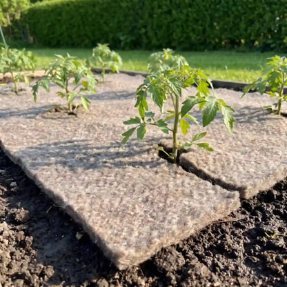 Schafwollmatte im Gemüsebeet um junge Tomatenpflanzen ausgelegt