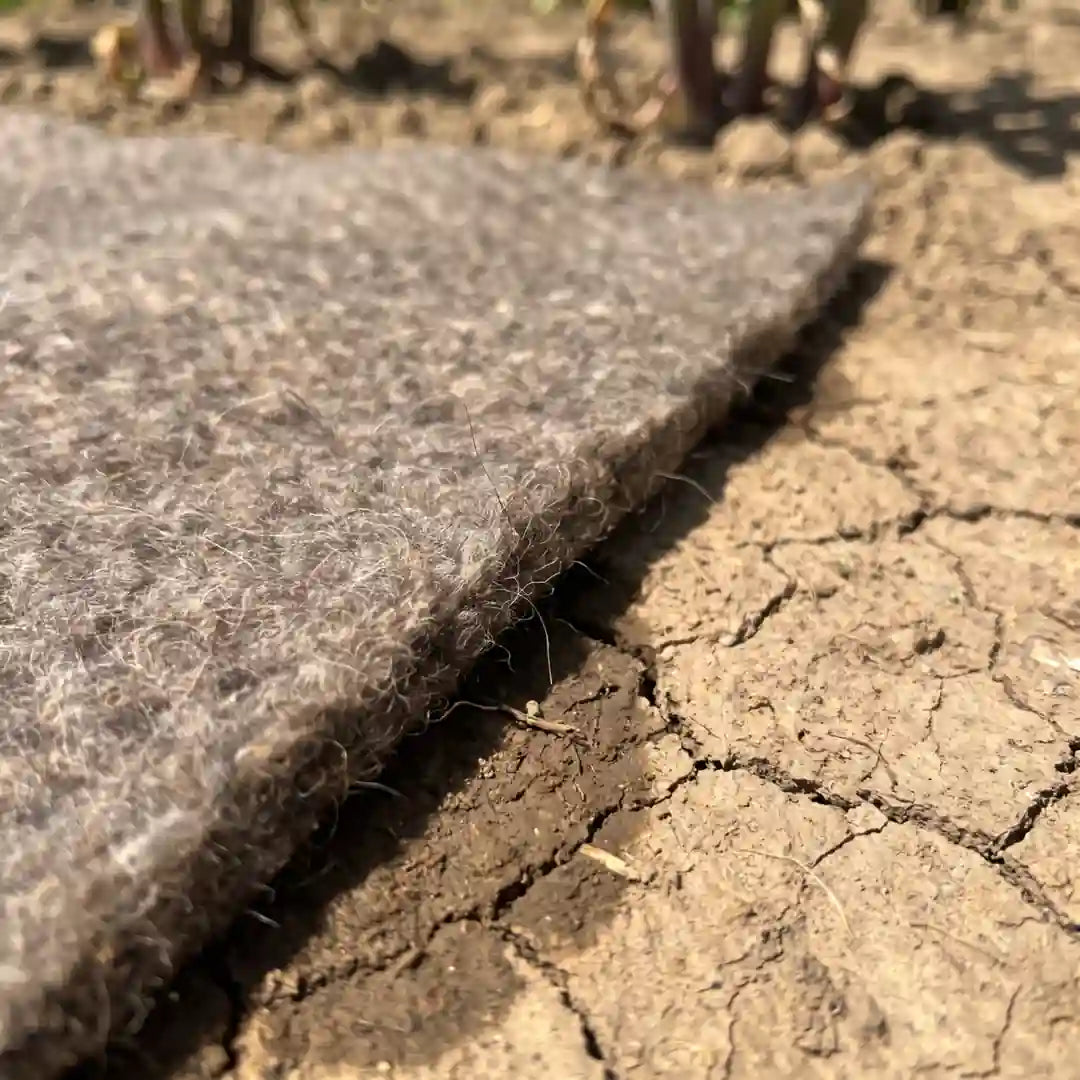 Beetkante: trockene Erde neben feuchter Erde unter der Schafwollmatte