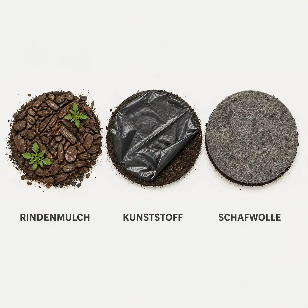 Vergleich von Rindenmulch, Kunststoffvlies und Schafwollmatte auf Beetflächen