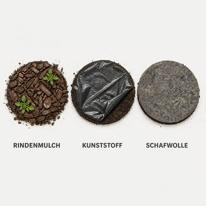 Vergleich von Rindenmulch, Kunststoffvlies und Schafwollmatte auf Beetflächen