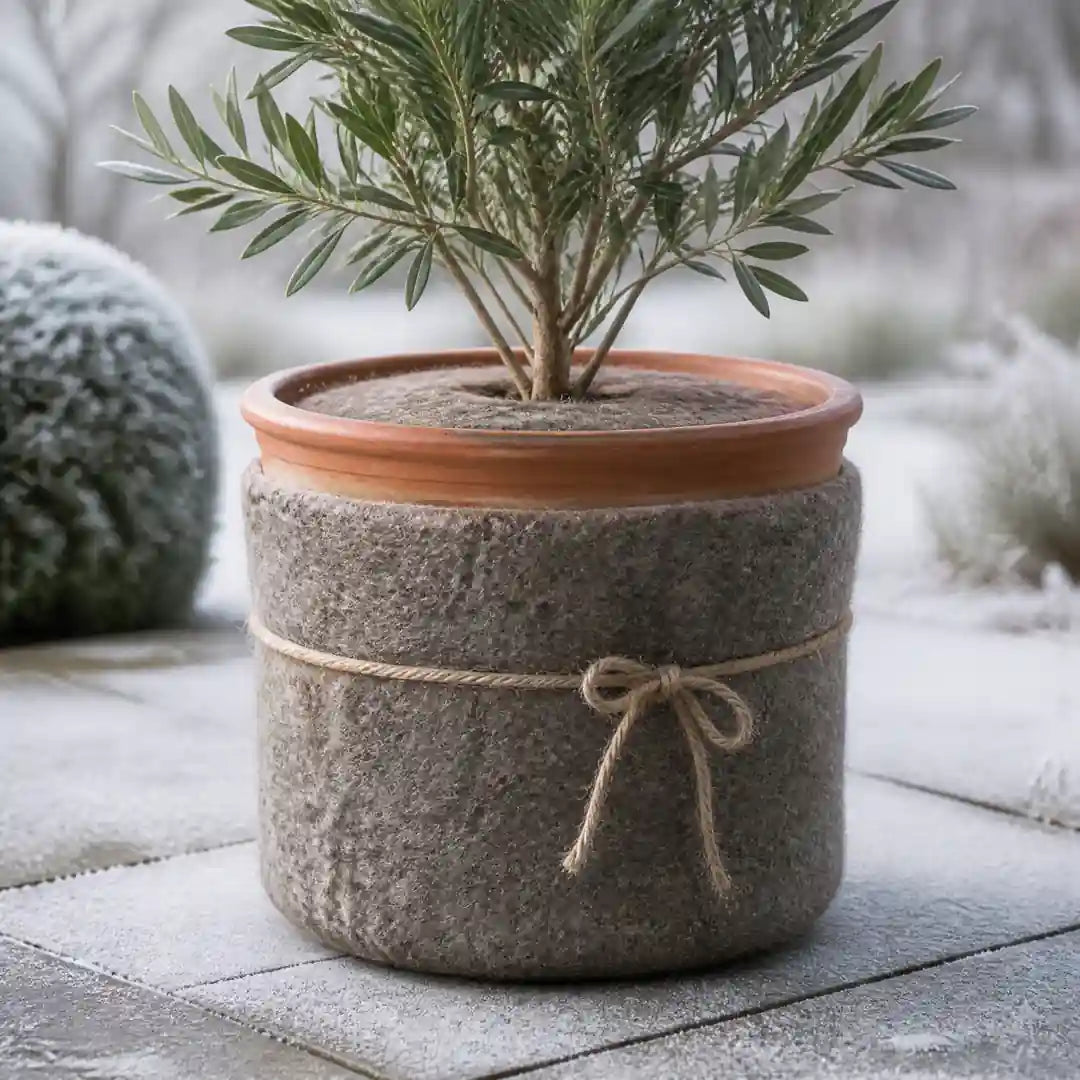 Terrakottatopf mit Schafwollmatte als Winterschutz umwickelt