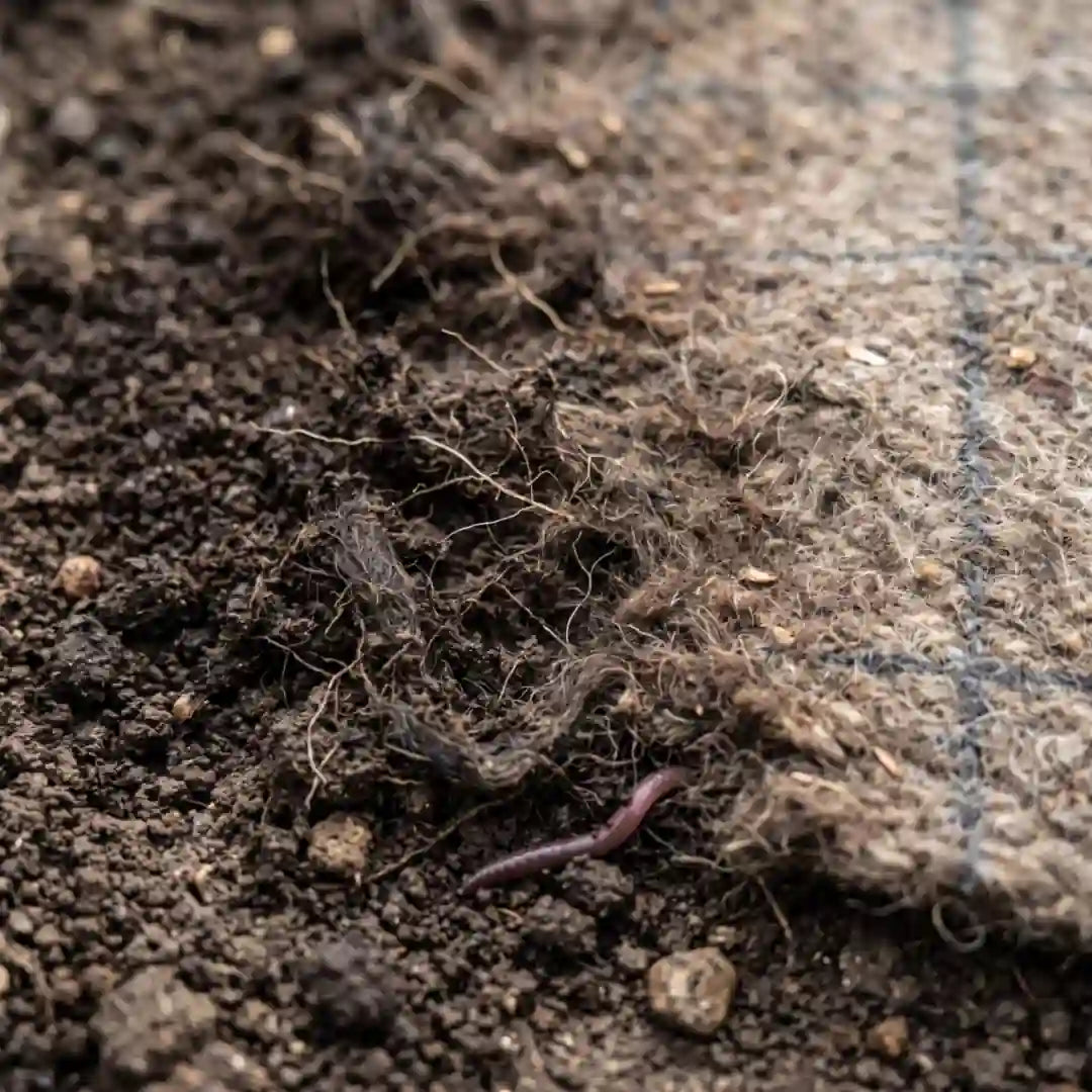 Zersetzte Kante der Schafwollmatte geht in Gartenerde über