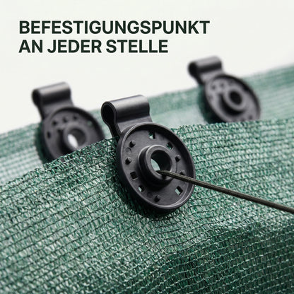 Schattiernetz Set mit GRATIS Ösen Clips – schwarze Ösen Clips als Befestigungspunkte mitten in der Netzfläche
