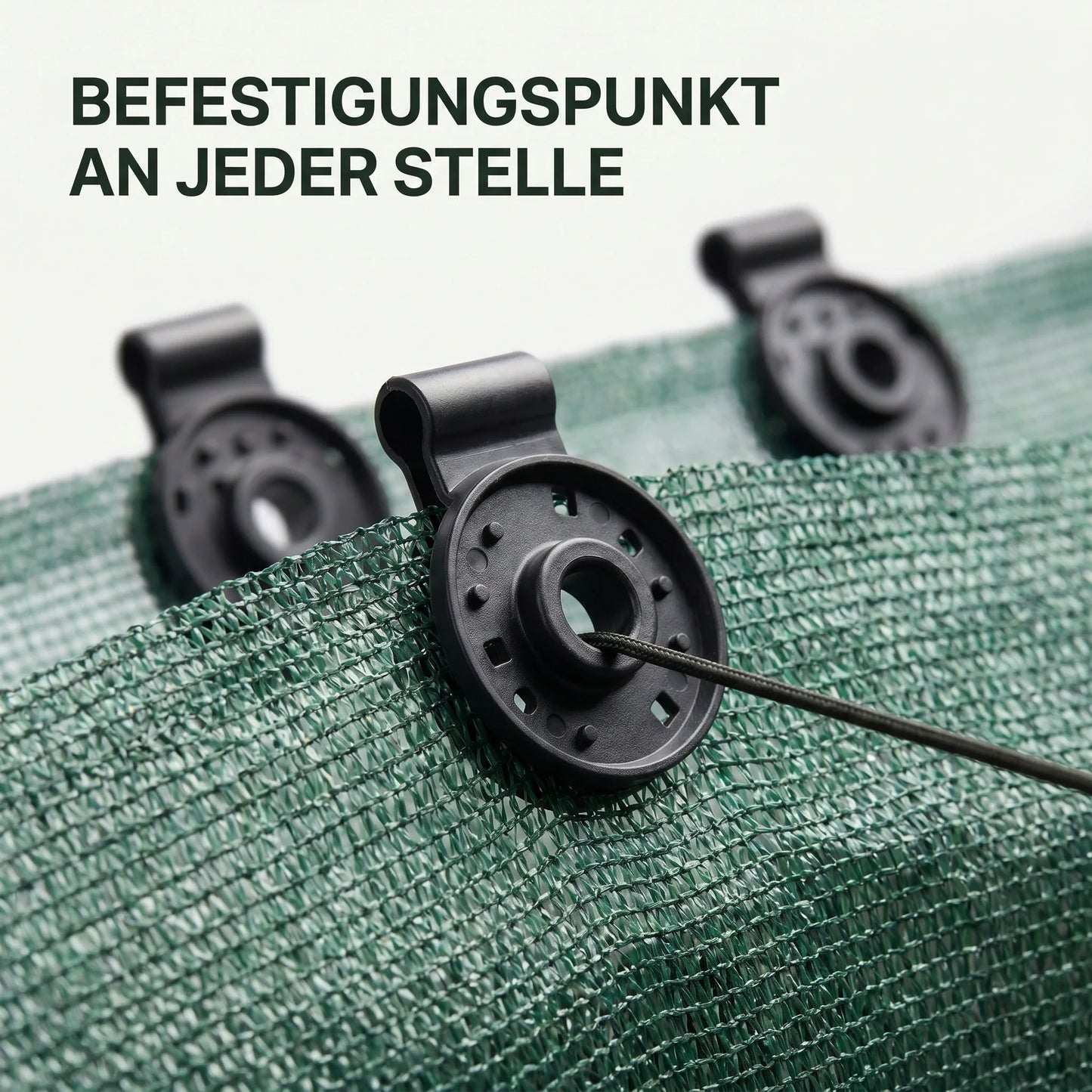 Schattiernetz Set mit GRATIS Ösen Clips – schwarze Ösen Clips als Befestigungspunkte mitten in der Netzfläche