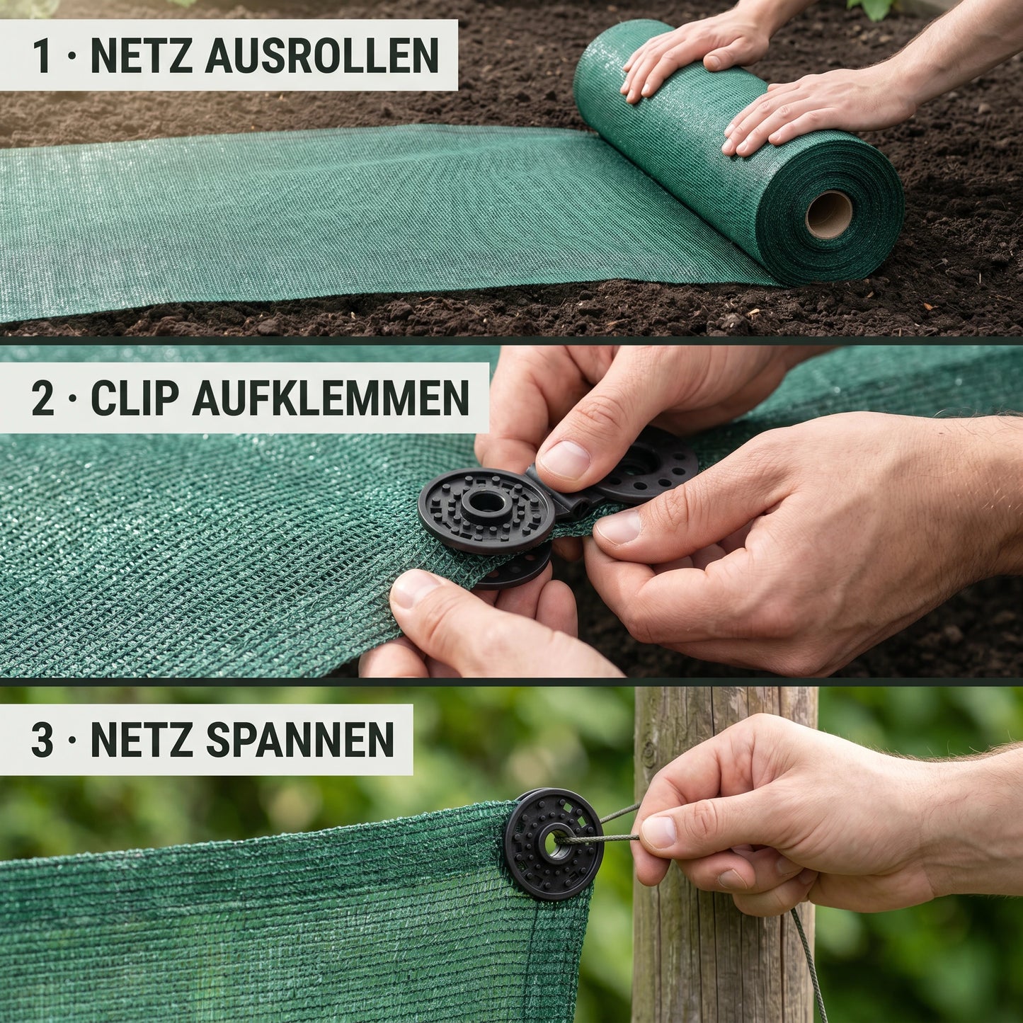 Schattiernetz Set mit GRATIS Ösen Clips – Anwendung in drei Schritten: Netz ausrollen, Clip aufklemmen, Netz spannen