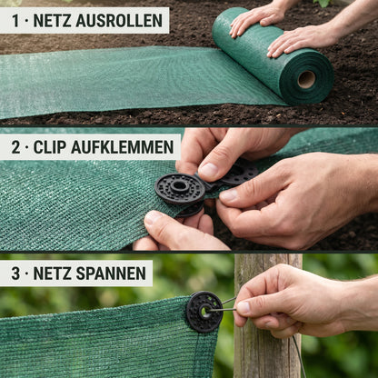 Schattiernetz Set mit GRATIS Ösen Clips – Anwendung in drei Schritten: Netz ausrollen, Clip aufklemmen, Netz spannen