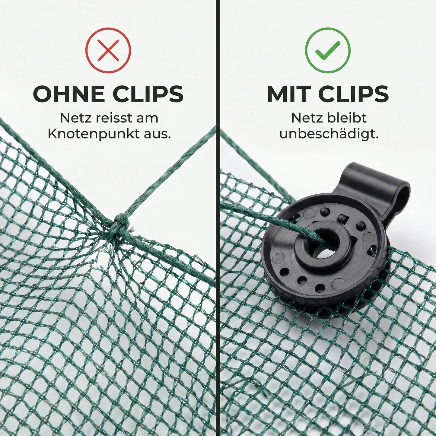 Schattiernetz Set mit GRATIS Ösen Clips – Vergleich: Netz reißt ohne Clip aus, mit Ösen Clip bleibt es heil