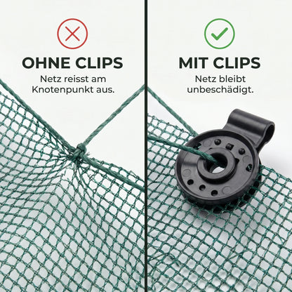 Schattiernetz Set mit GRATIS Ösen Clips – Vergleich: Netz reißt ohne Clip aus, mit Ösen Clip bleibt es heil