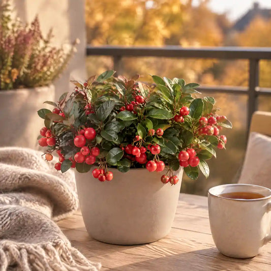 Scheinbeere 'Big Berry' mit roten Beeren im beigen Übertopf auf dem Balkon im Herbst