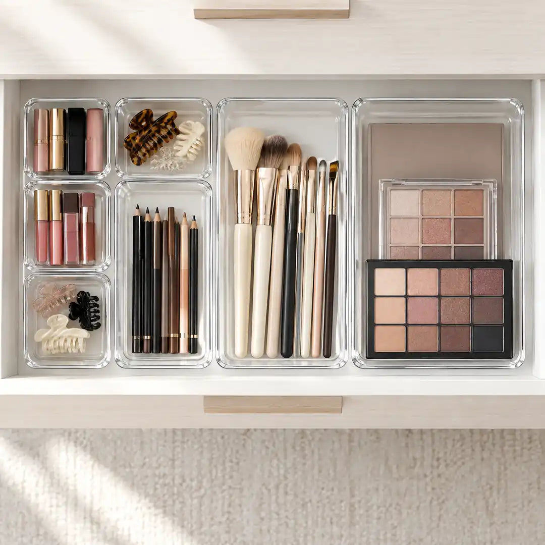 Transparente Ordnungsboxen sortieren Pinsel, Lippenstifte und Lidschatten in der Schminktisch-Schublade