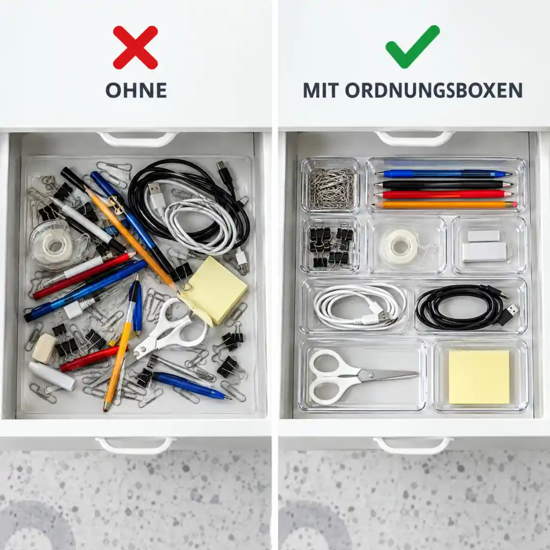Schreibtischschublade ohne und mit transparenten Ordnungsboxen im Vergleich