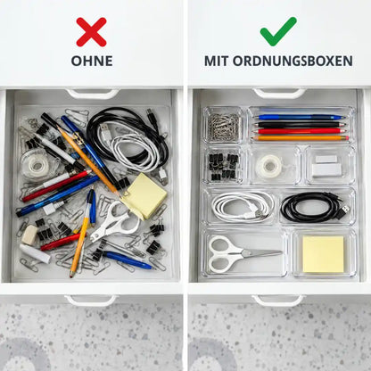 Schreibtischschublade ohne und mit transparenten Ordnungsboxen im Vergleich