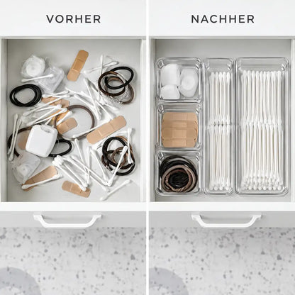 Badezimmerschublade vorher unordentlich, nachher mit Ordnungsboxen sortiert