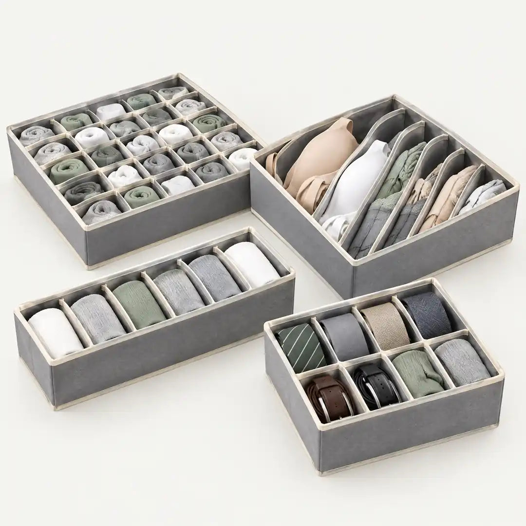 Schubladen Organizer Set in Grau mit 24, 7, 6 und 8 Fächern, befüllt mit Socken, BHs, Krawatten und Gürteln
