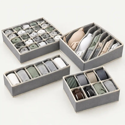 Schubladen Organizer Set in Grau mit 24, 7, 6 und 8 Fächern, befüllt mit Socken, BHs, Krawatten und Gürteln