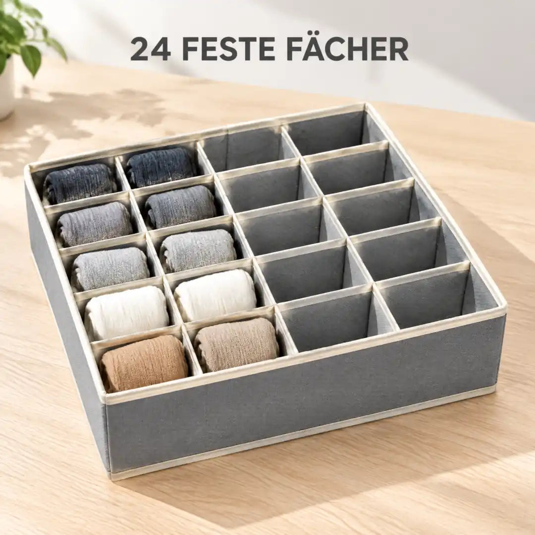 Graue Organizer-Box mit 24 festen Fächern für Socken, halb befüllt