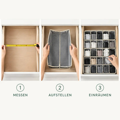 Anwendung in drei Schritten: Schublade messen, Box aufstellen, Wäsche einräumen