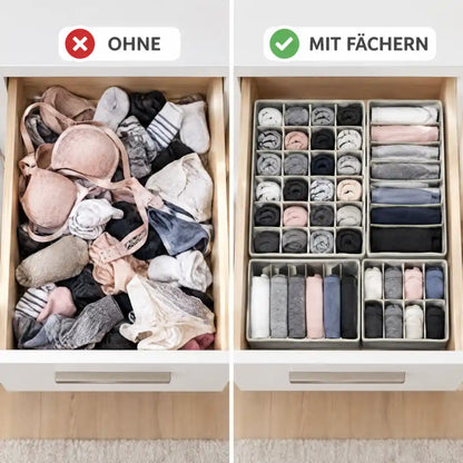Vergleich einer unordentlichen Wäscheschublade mit einer Schublade mit Stoff-Organizern