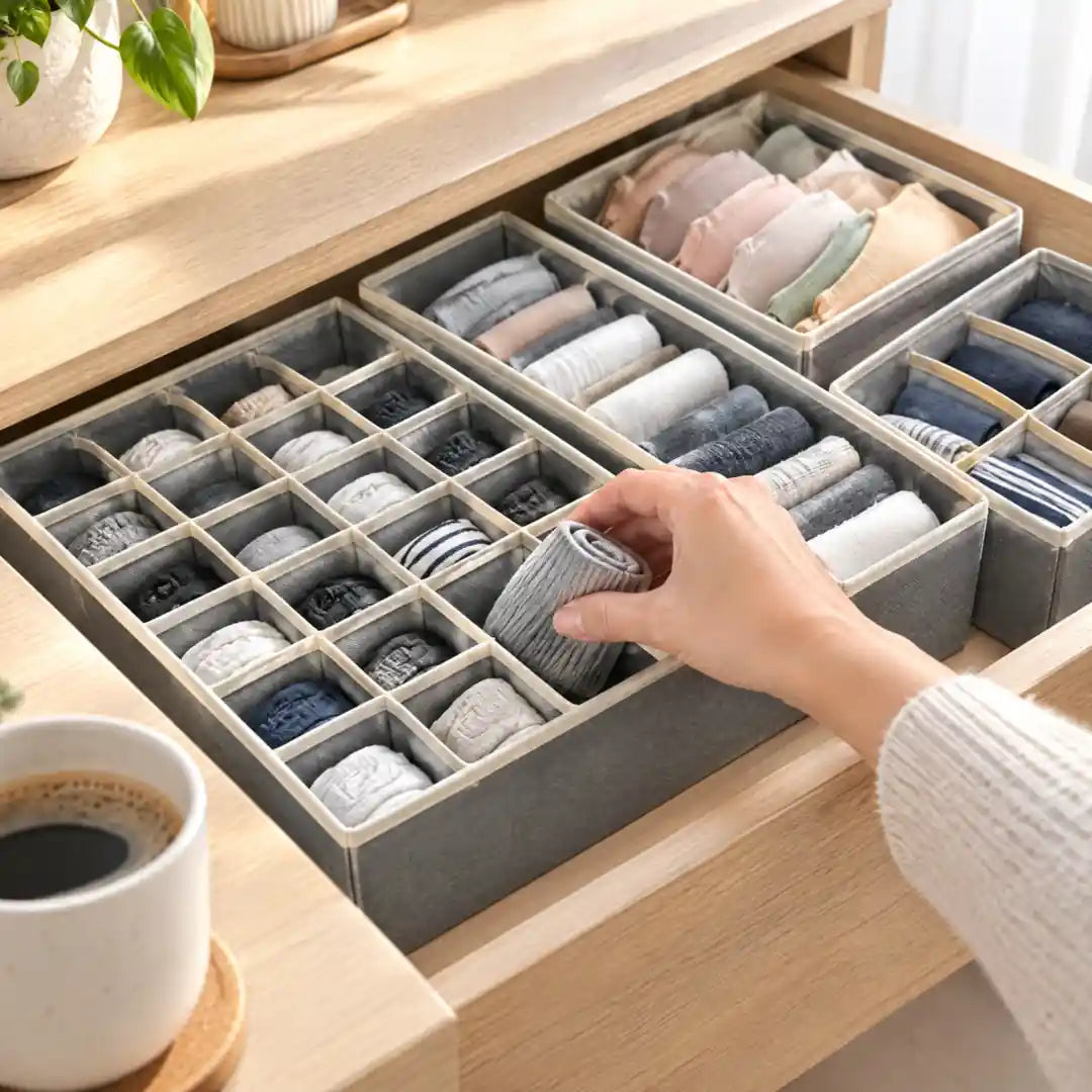 Hand nimmt ein gerolltes Paar Socken aus einem Fach des Schubladen Organizers