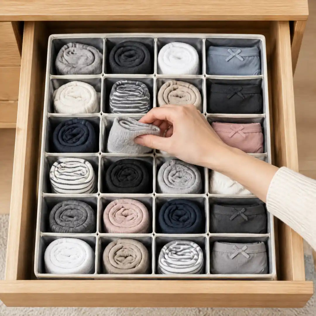 Hand greift ein Paar Socken aus einem Fach des Schubladen Organizers