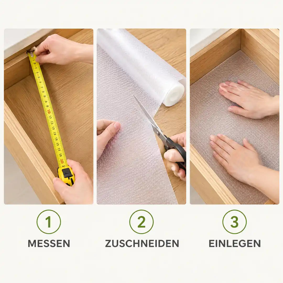 Anwendung in drei Schritten: Messen, Zuschneiden, Einlegen