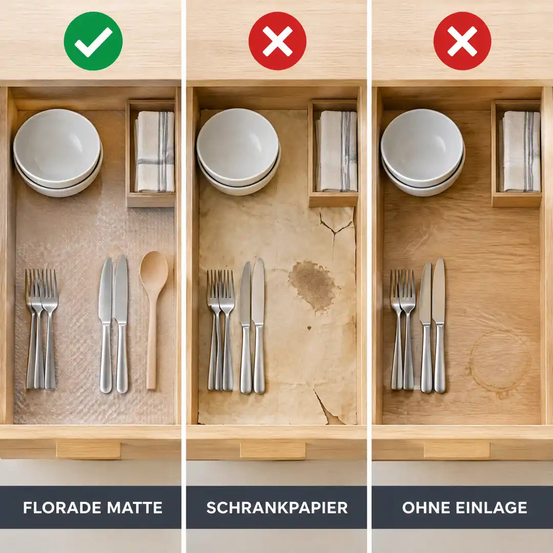 Vergleich Schubladenmatte mit Schrankpapier und Schublade ohne Einlage