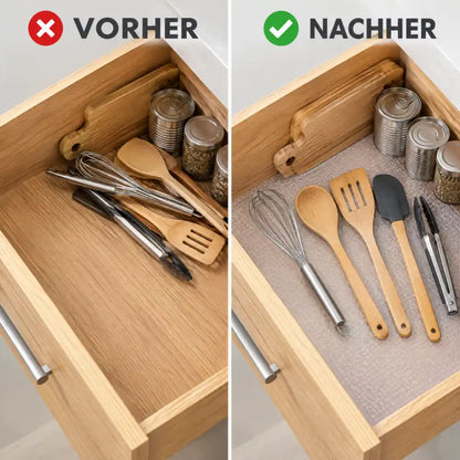 Schublade vorher mit verrutschtem Inhalt, nachher mit Matte ordentlich