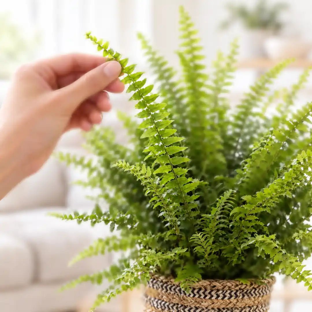 Hand hält einen gefiederten Wedel des Schwertfarns Green Lady