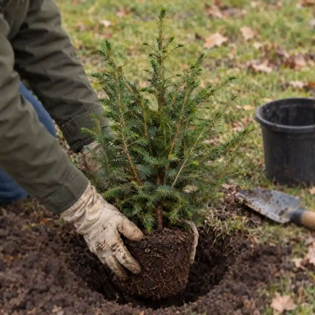 Serbische Fichte mit Wurzelballen wird nach Weihnachten im Garten eingepflanzt