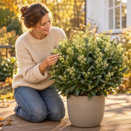 Frau betrachtet die blühende Skimmie im Kübel im Herbstgarten
