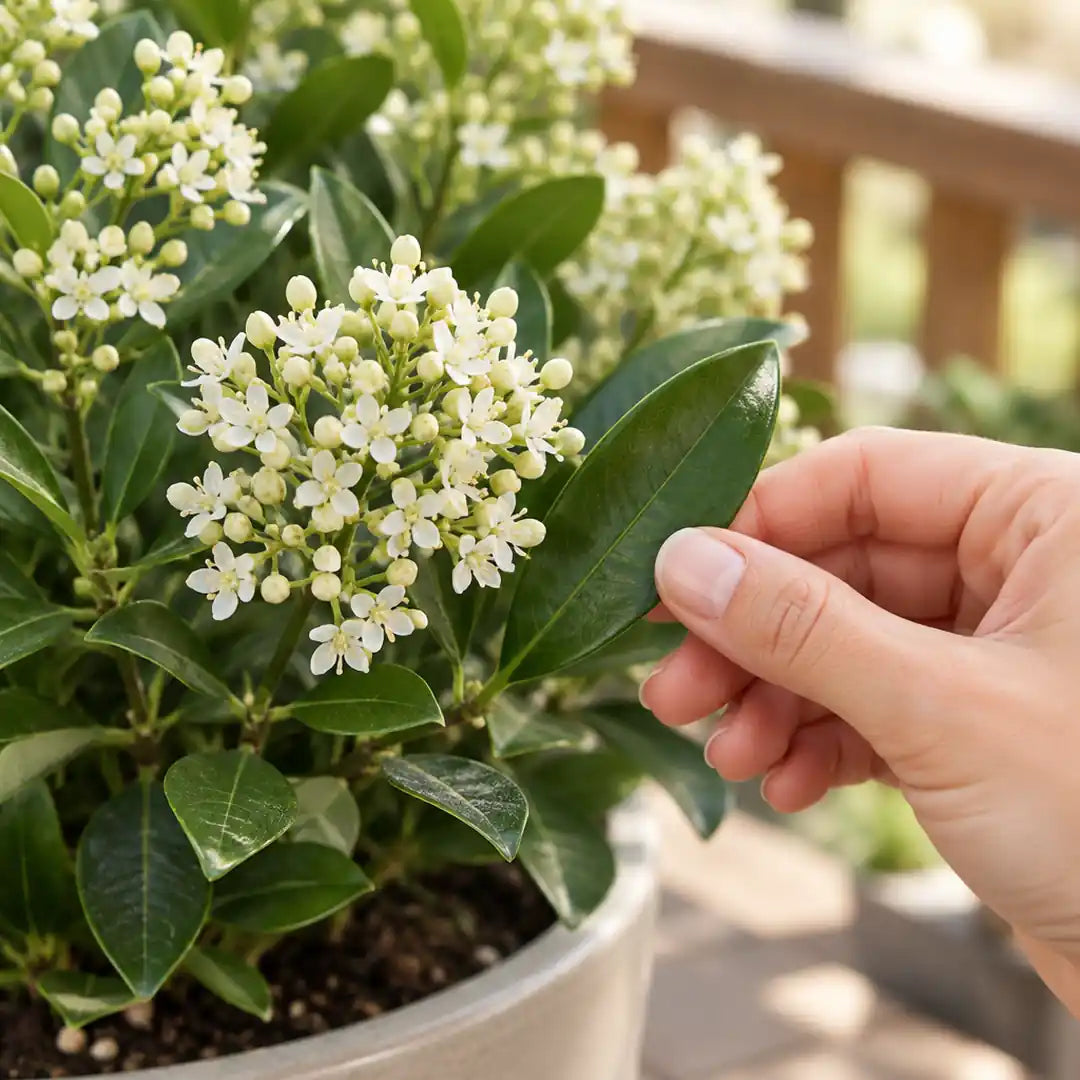 Hand hält ein Blatt der Skimmie neben den weißen Blüten