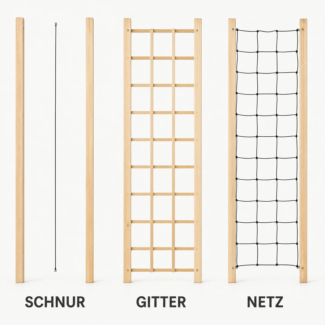 Vergleich von Rankschnur, starrem Rankgitter und elastischem Spaliernetz