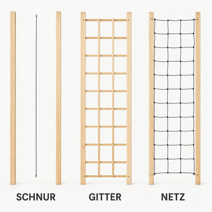 Vergleich von Rankschnur, starrem Rankgitter und elastischem Spaliernetz