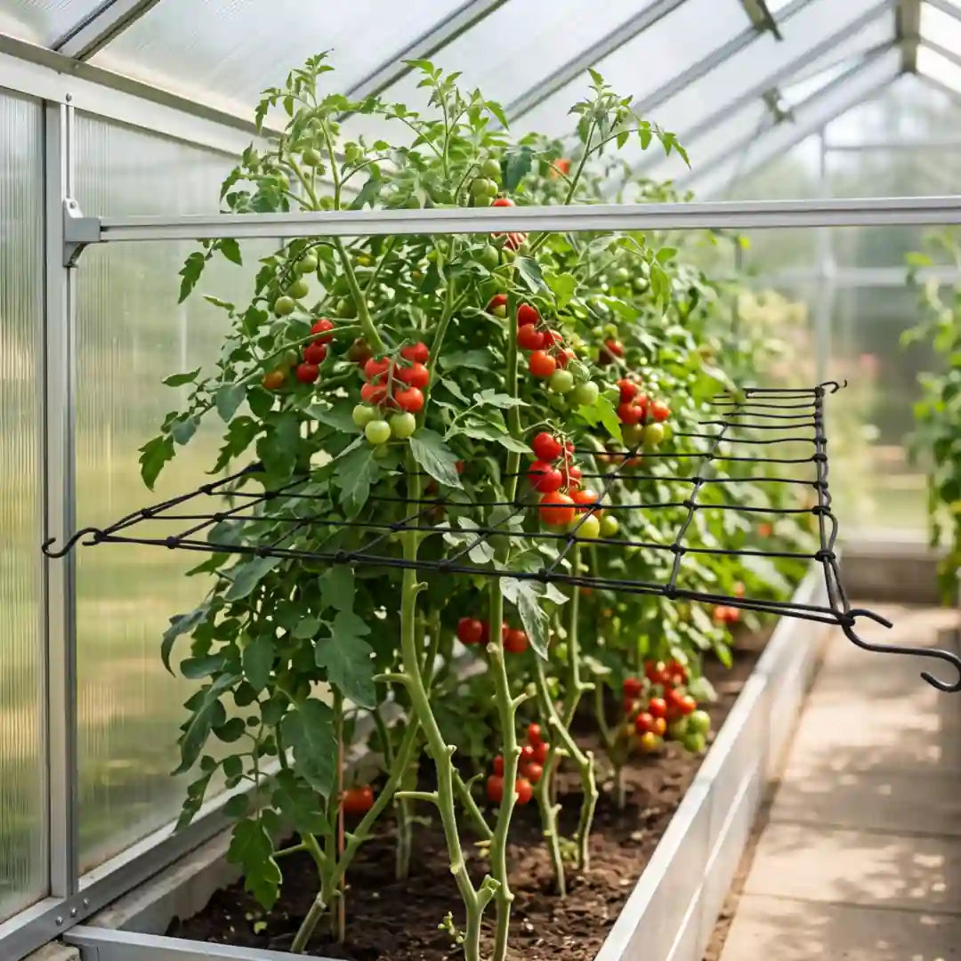 Spaliernetz waagerecht über Tomaten im Gewächshaus gespannt