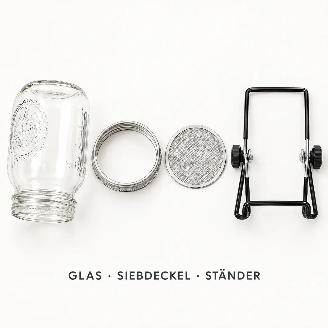 Lieferumfang: Glas, Schraubring, Siebscheibe und Ständer