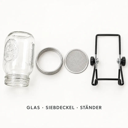 Lieferumfang: Glas, Schraubring, Siebscheibe und Ständer