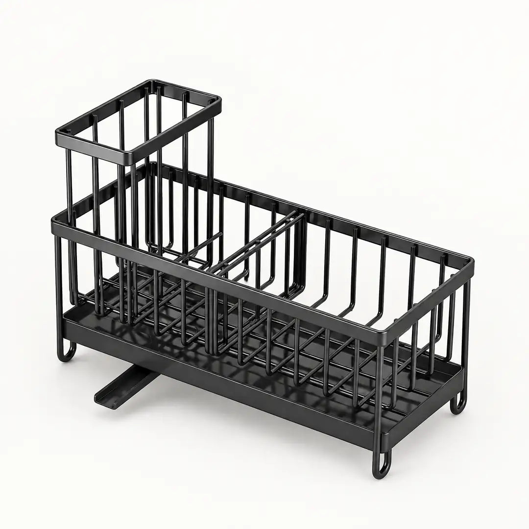 Leerer Spülbecken Organizer mit Bürstenhalter, Trenner, Abtropfschale und Ausguss