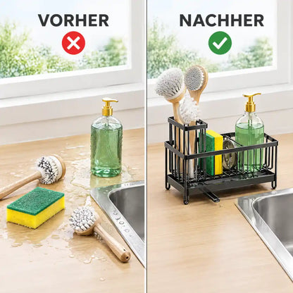 Vorher-Nachher: nasser Beckenrand und Ordnung mit dem Spülbecken Organizer