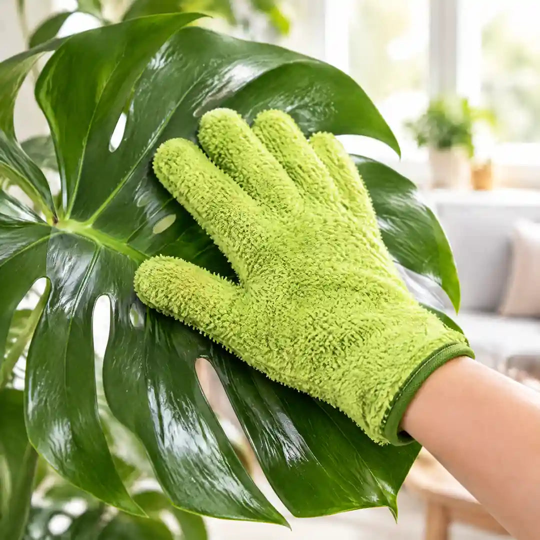 Hand im grünen Mikrofaser-Handschuh streift über ein Monstera-Blatt