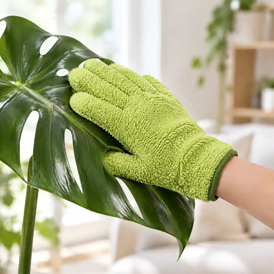 Monstera-Blatt wird beidseitig in einem Zug abgestaubt