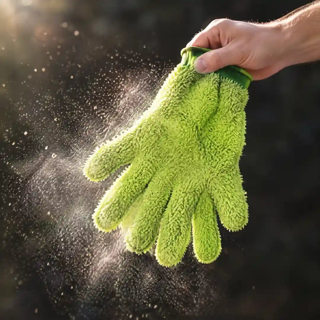 Staubhandschuh wird ausgeschüttelt, der Staub löst sich aus der Faser