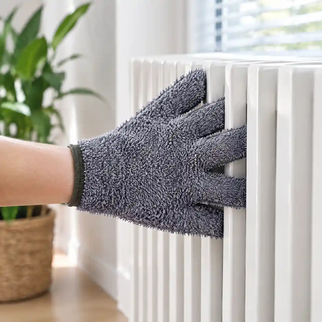 Grauer Mikrofaser-Handschuh reinigt zwischen Heizkörperrippen