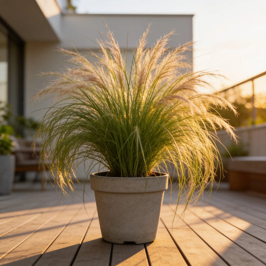 Federgras (Stipa tenuifolia 'Pony Tails') im beigen Übertopf auf einer sonnigen Terrasse im warmen Abendlicht
