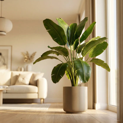 Strelitzia Nicolai (Paradiesvogelblume) als Zimmerpflanze im hellen Wohnzimmer