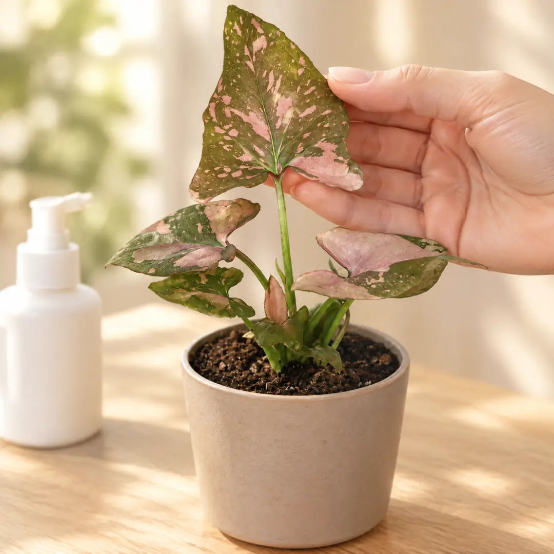Hand stützt ein rosa gesprenkeltes Blatt der Syngonium Pink Splash